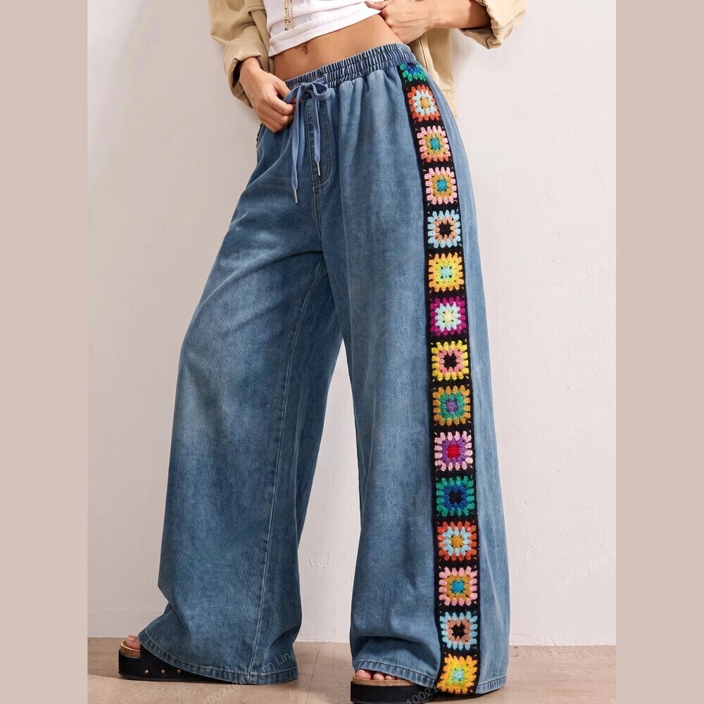 Blue Denim Crochet Granny Square Trim Wide Leg Drawstring Jeans